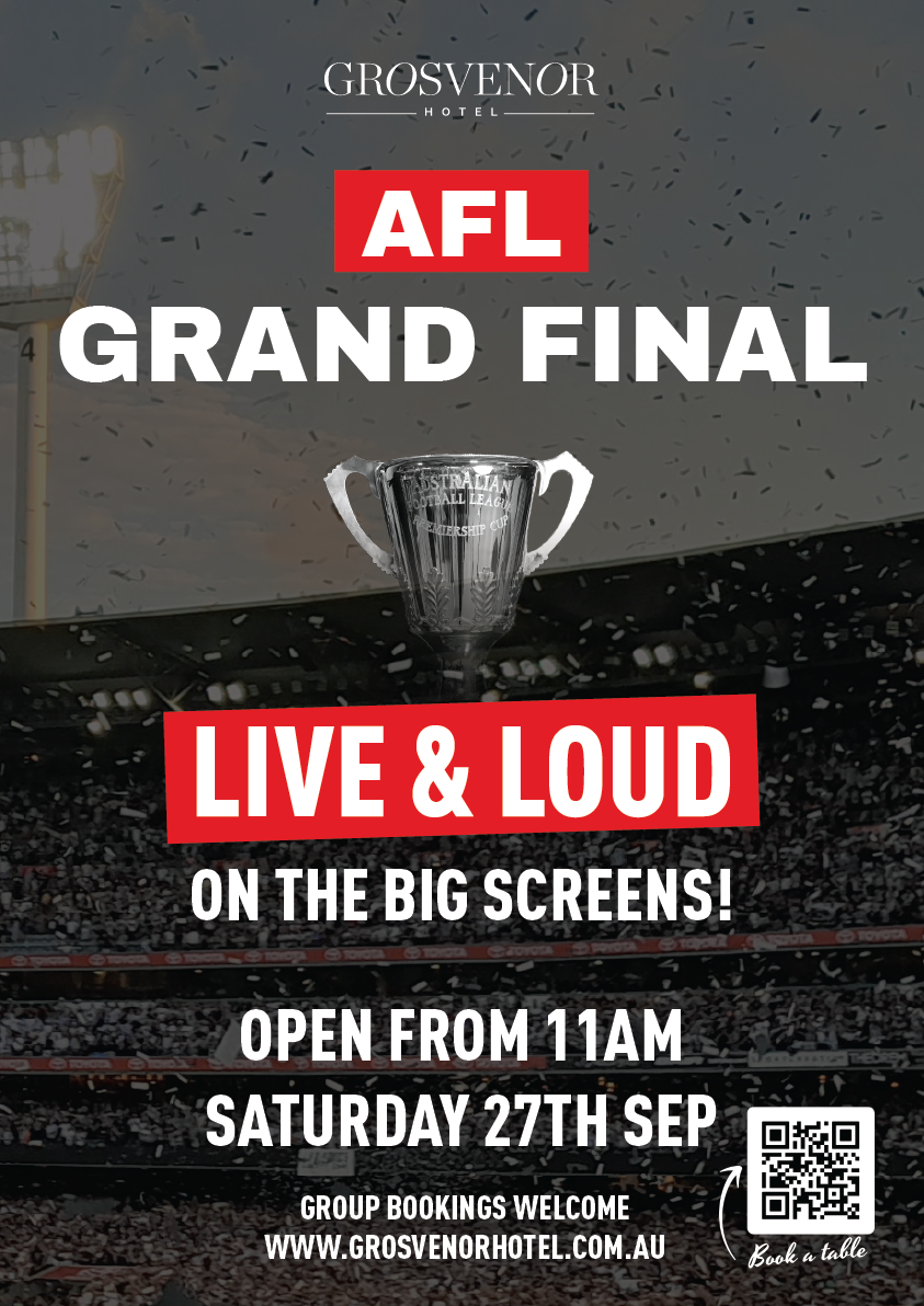 AFL Grand Final 2025 poster for Grosvenor Hotel St Kilda with live game details, food and drink specials, and footy crowd atmosphere.