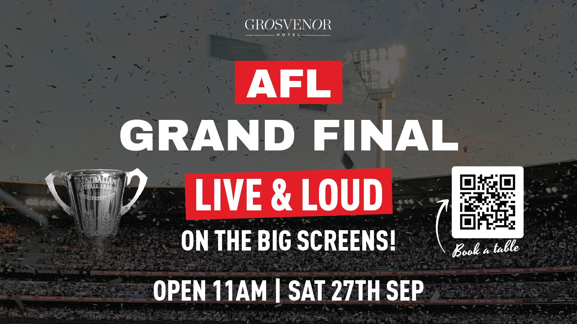 AFL Grand Final 2025 poster for Grosvenor Hotel St Kilda with live game details, food and drink specials, and footy crowd atmosphere.