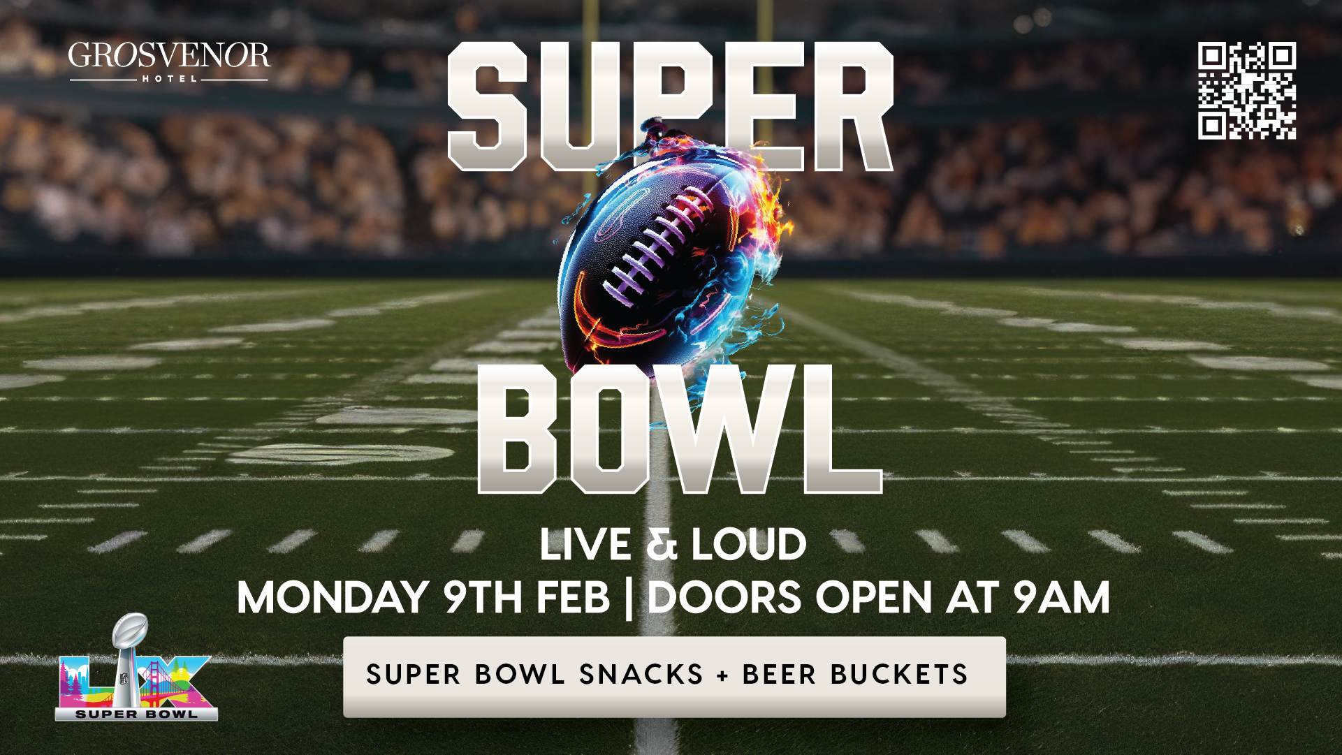 AFL Grand Final 2025 poster for Grosvenor Hotel St Kilda with live game details, food and drink specials, and footy crowd atmosphere.