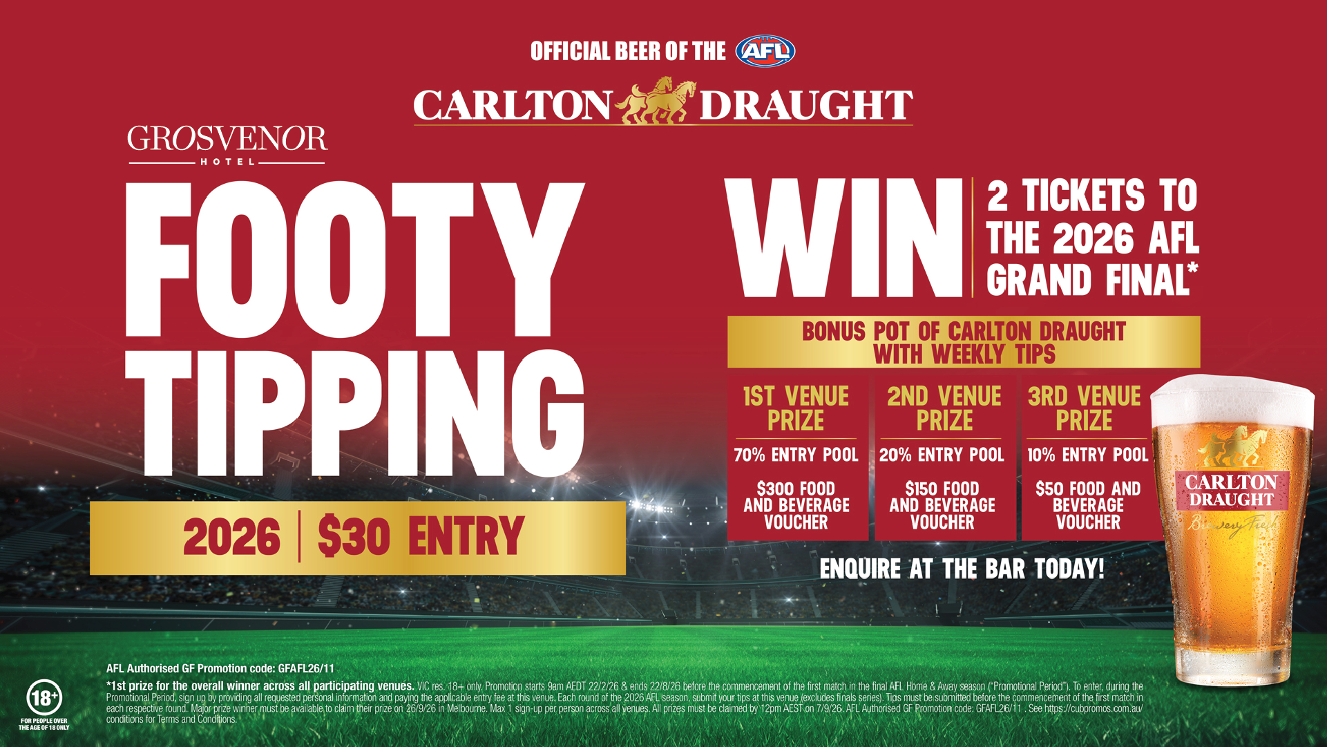 AFL Grand Final 2025 poster for Grosvenor Hotel St Kilda with live game details, food and drink specials, and footy crowd atmosphere.