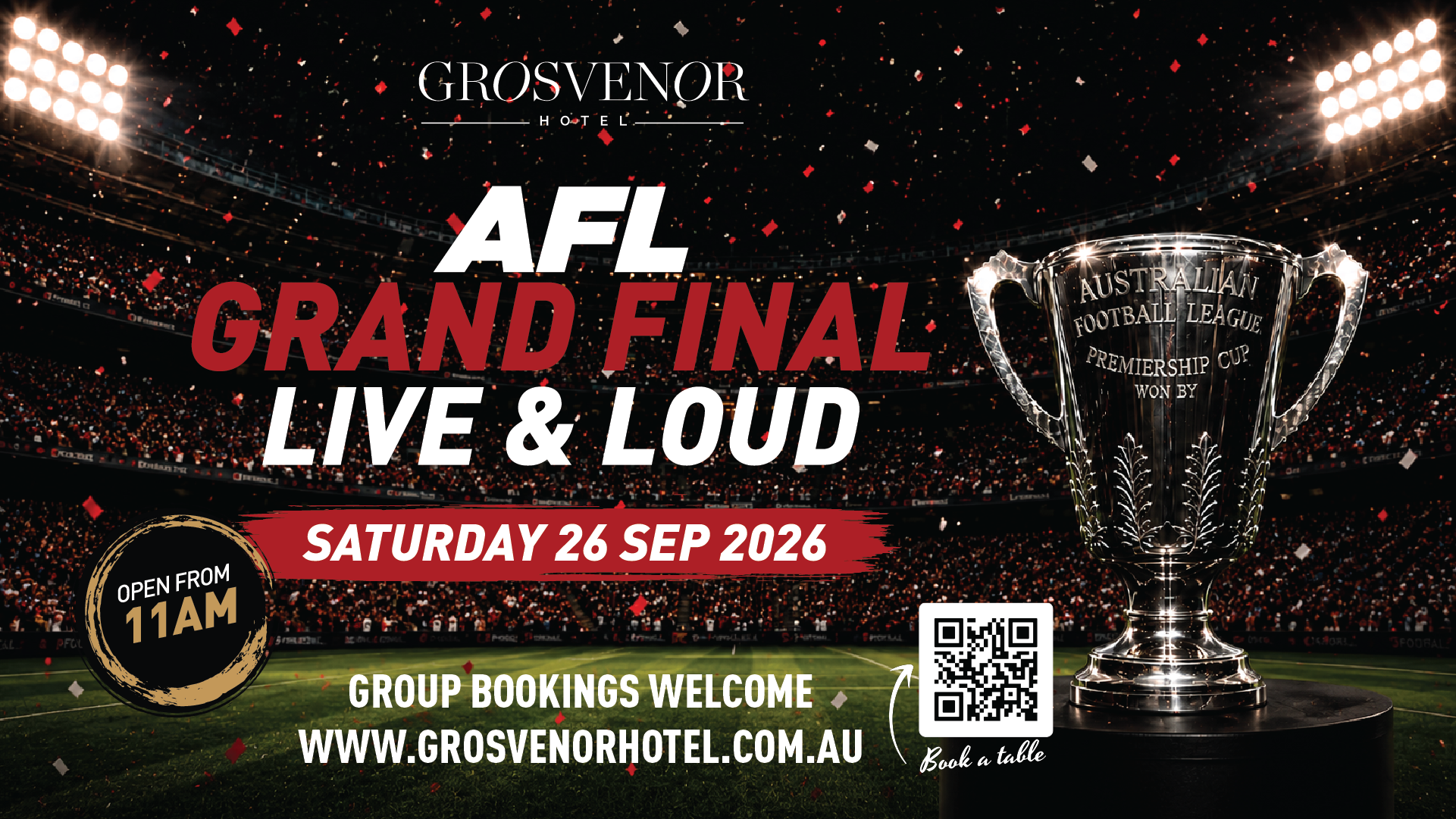 afl-grand-final-grosvenor-hotel-st-kilda-website AFL Grand Final 2026 live and loud at Grosvenor Hotel St Kilda East, Saturday 26 September from 11am, with big screens, pub food and cold beers.