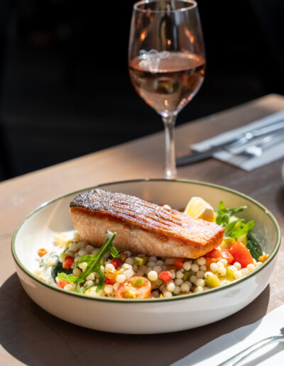 MARKET FISH (ASK FOR DETAILS) 38 pearl couscous, house tzatziki, charred zucchini, cherry tomatoes, salsa criolla, chickpeas, lemon (lgo, ldo)