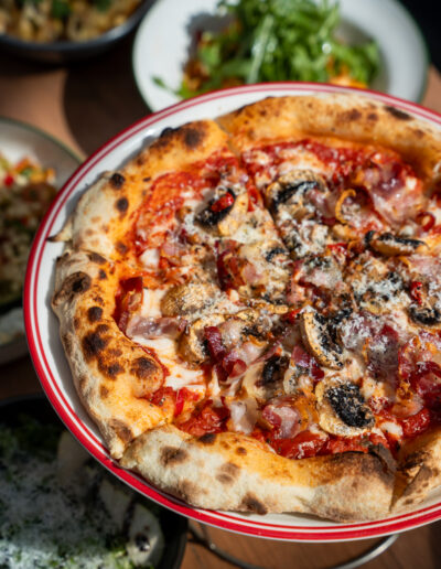 sugo, mushrooms, oregano, mozzarella, chilli, smoked ricotta salata